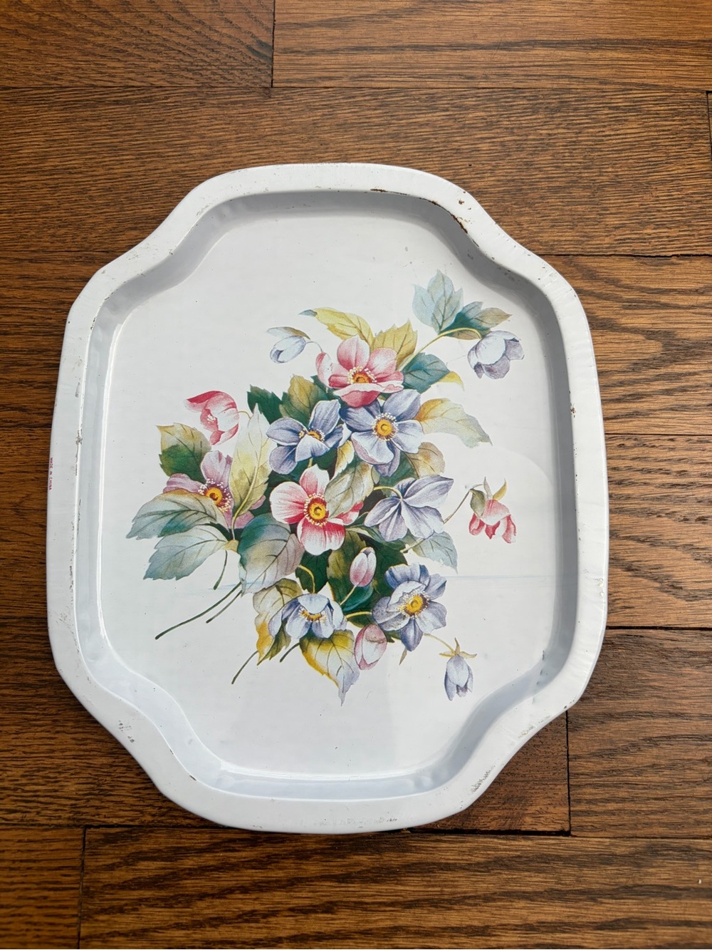 Vintage Floral White Metal Decorative Trinket Tray Rustic